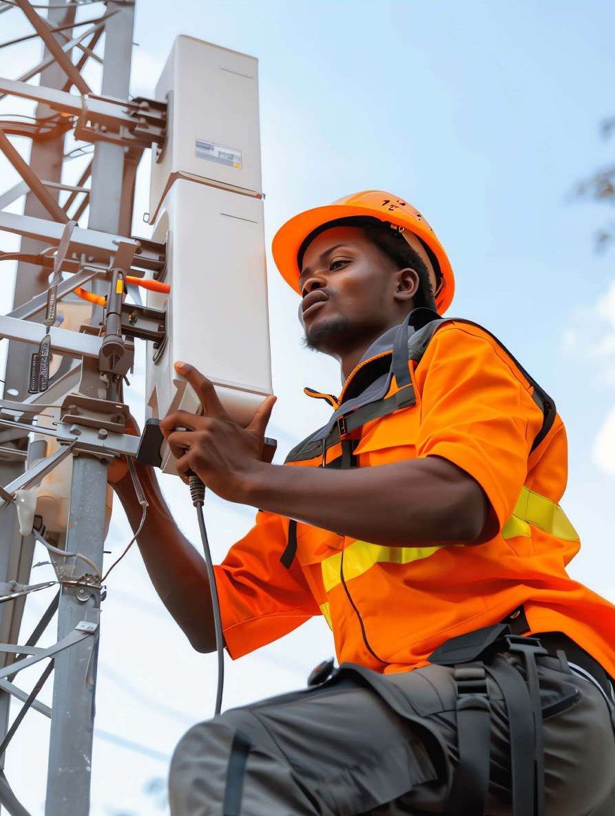 Technicien GlobalTECH installant un équipement sur un pylône